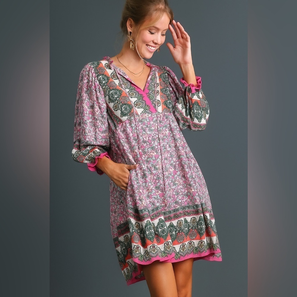 Umgee Long Sleeve Boho Floral Peasant Midi Dress Pocket Boarder Multi festival